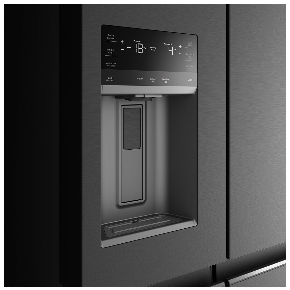 Westinghouse 609L Quad Door Fridge - Matte Black, Door Ice and Water Dispenser, FlexSpace - WQE6170BB