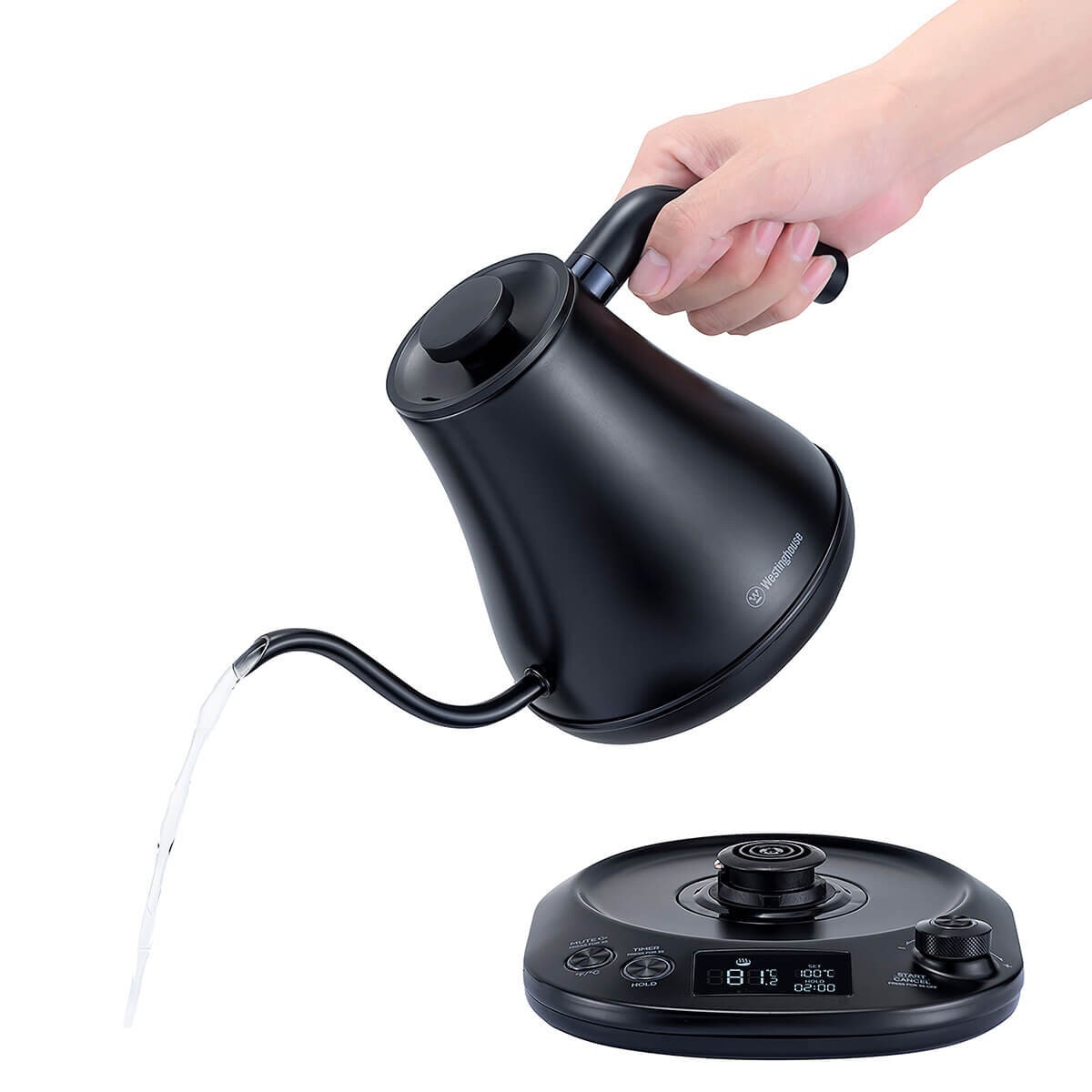 Westinghouse 0.8L Gooseneck Kettle - Variable Temperature 40°C to 100°C, Brew Stopwatch, Black - WHGKE01K