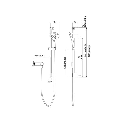 Methven Easy Click 3 Function Telescopic Rail Shower, WELS 4 Star 7.5L/min