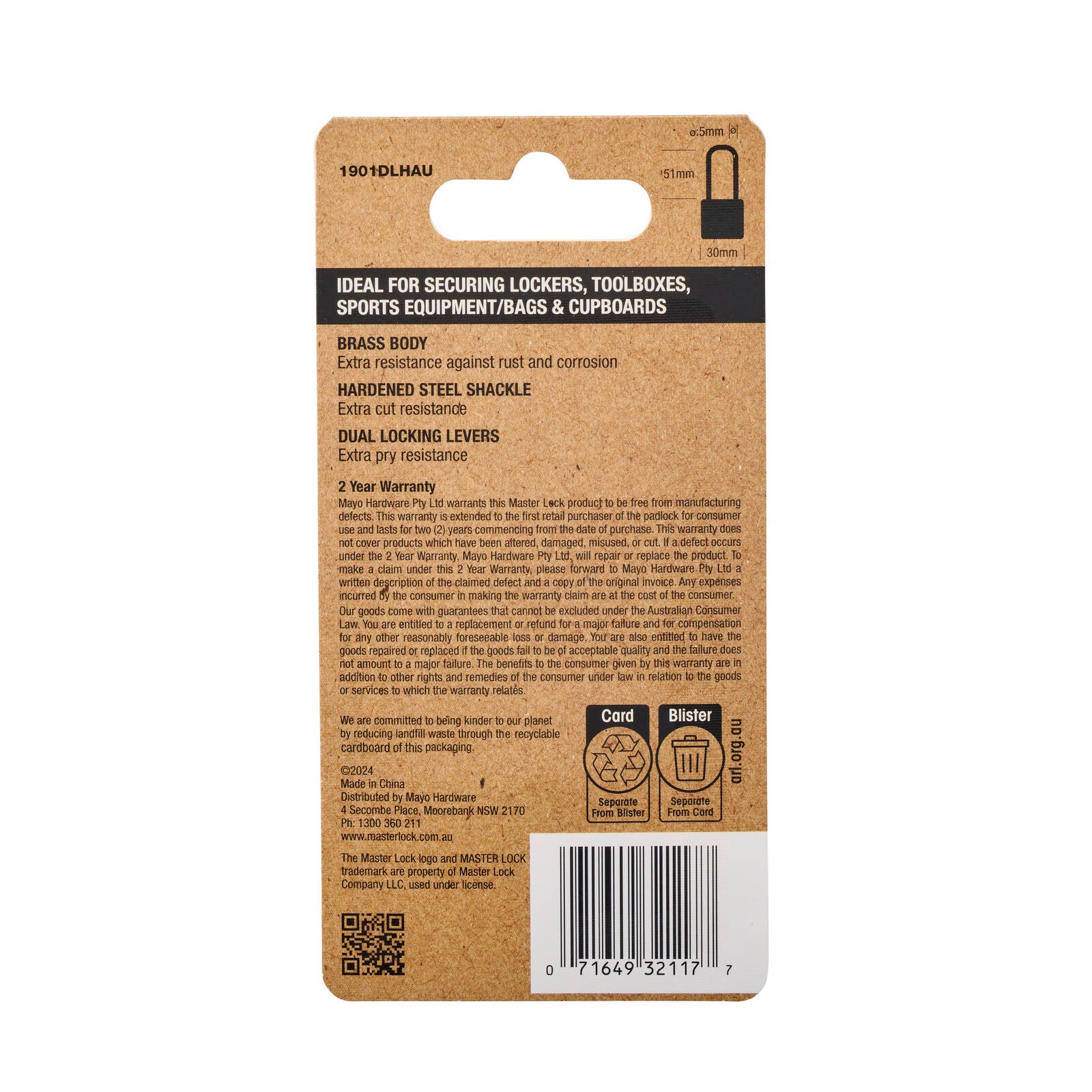 Master Lock 30mm Solid Brass Padlock Hardened Steel Shackle