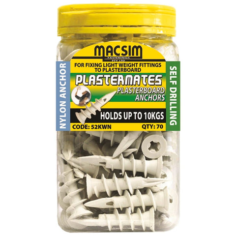 Macsim 45mm Nylon Plasterboard Anchor 70 Pack - White Nylon - Flush Finish - Holds Up To 10kg - SuperSaverAU - view 1