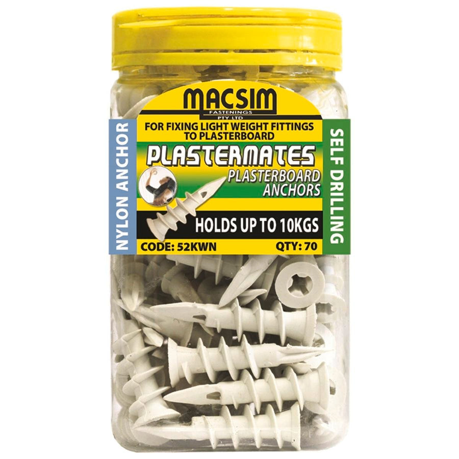 Macsim 45mm Nylon Plasterboard Anchor 70 Pack - White Nylon - Flush Finish - Holds Up To 10kg - SuperSaverAU - view 1