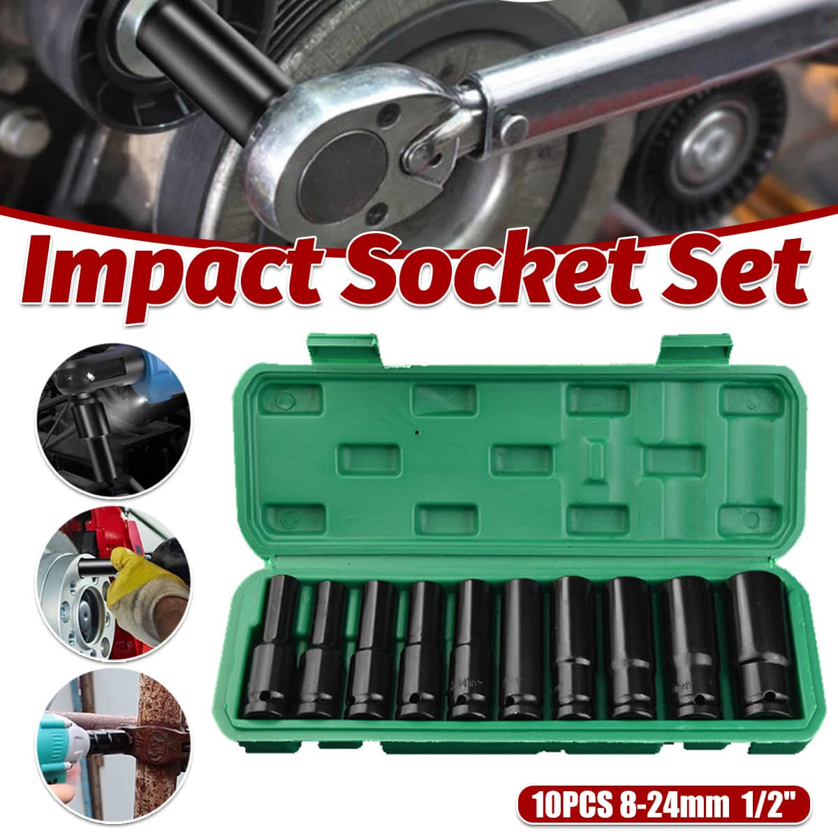 Deep Impact Socket Set, 10 Piece Metric 8 to 24 mm with Black Oxide Finish
