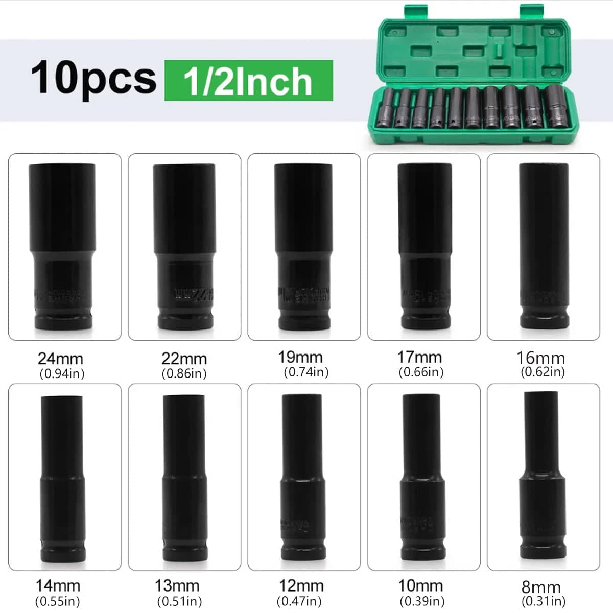 Deep Impact Socket Set, 10 Piece Metric 8 to 24 mm with Black Oxide Finish - view 3