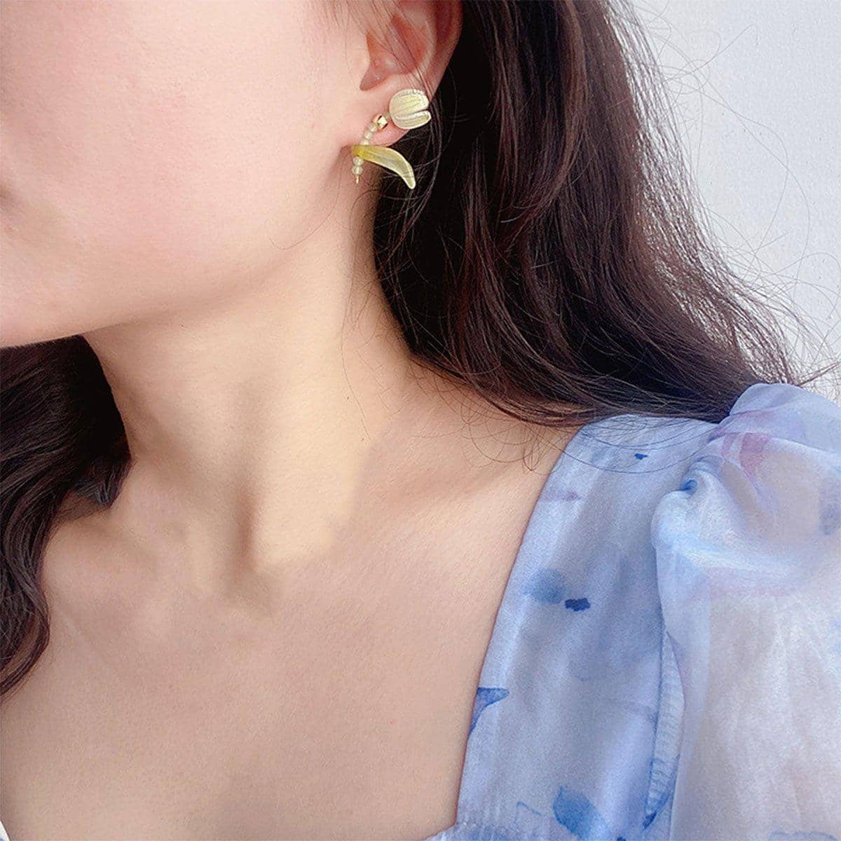 Delicate Tulip Stud Earrings Women Coloured Glaze Fashion Jewellery - Yellow - view 5