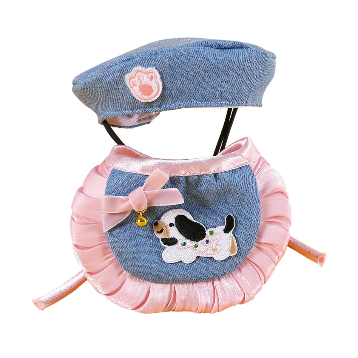 Denim Beret and Bib Set for Cats and Small Dogs - Pink