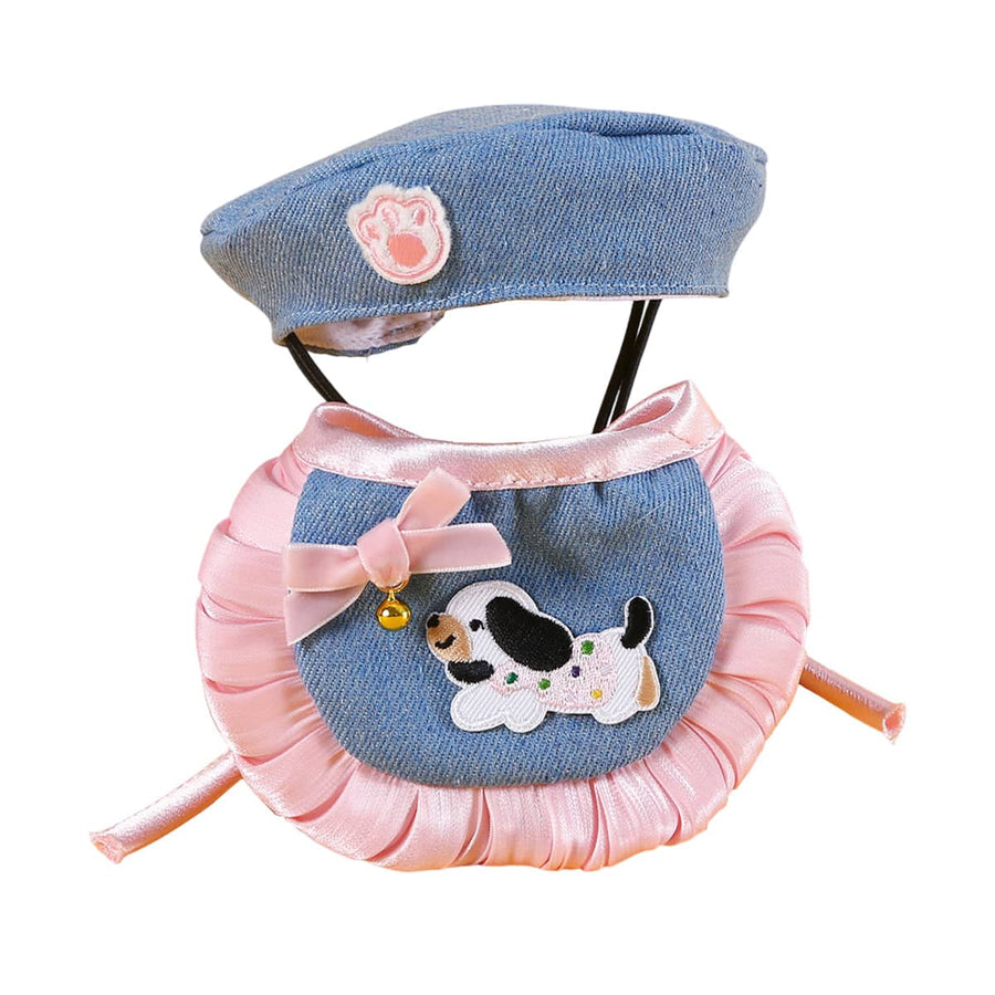 Denim Beret and Bib Set for Cats and Small Dogs - Pink
