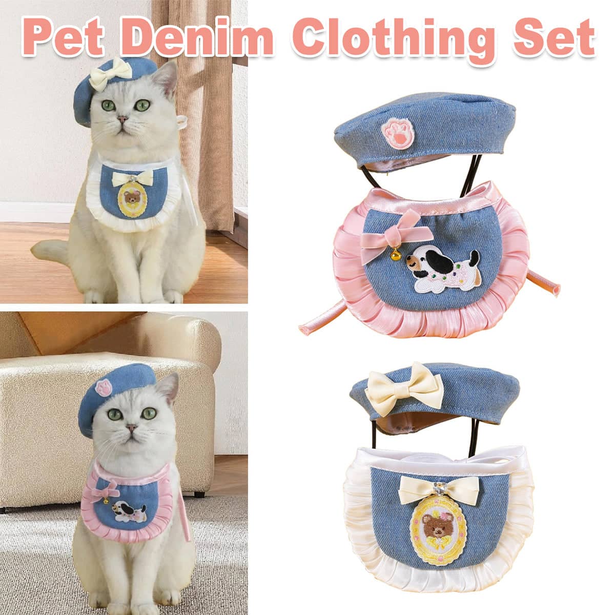 Denim Beret and Bib Set for Cats and Small Dogs - White - view 2