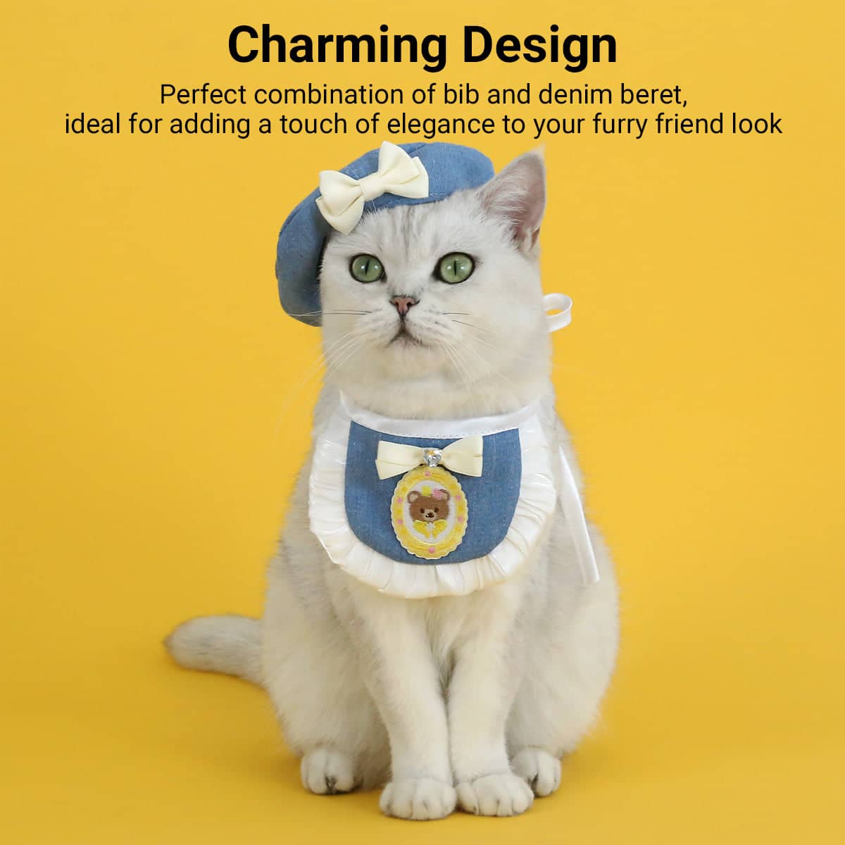 Denim Beret and Bib Set for Cats and Small Dogs - White - view 5