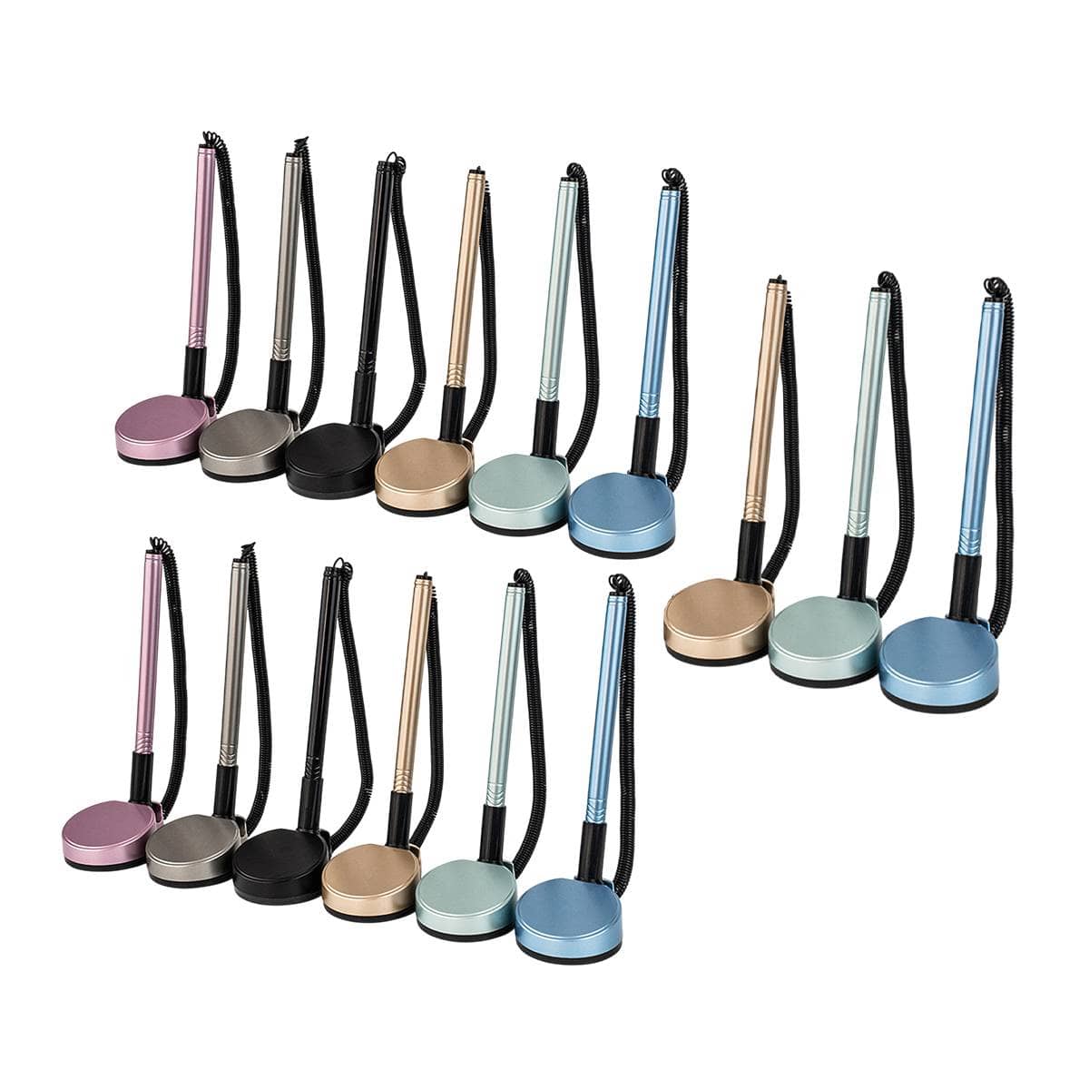 Desk Counter Pen with Adhesive Base and Coil Tether - Pack of 15, Assorted Colours
