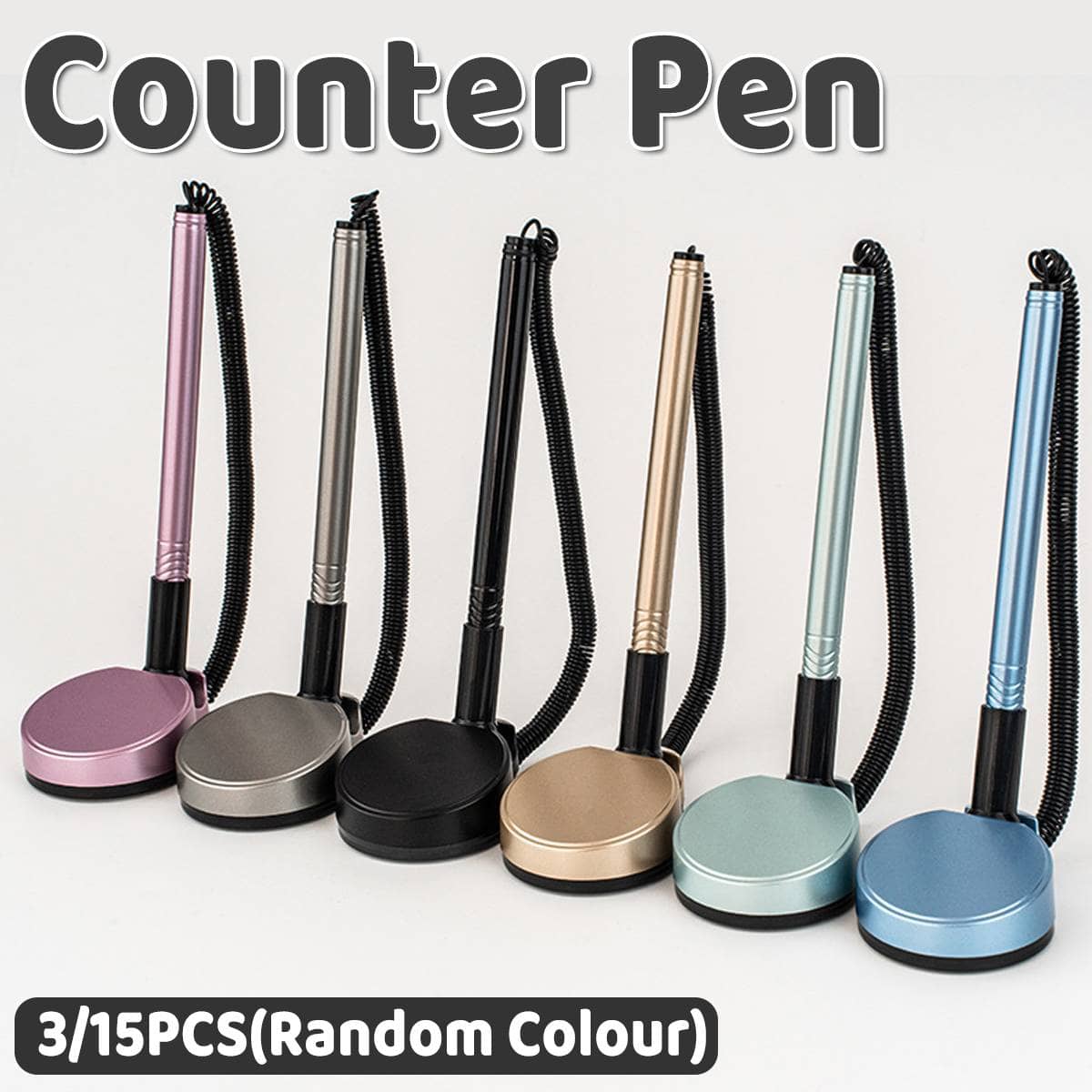 Desk Counter Pen with Adhesive Base and Coil Tether - Pack of 3, Assorted Colours - view 2