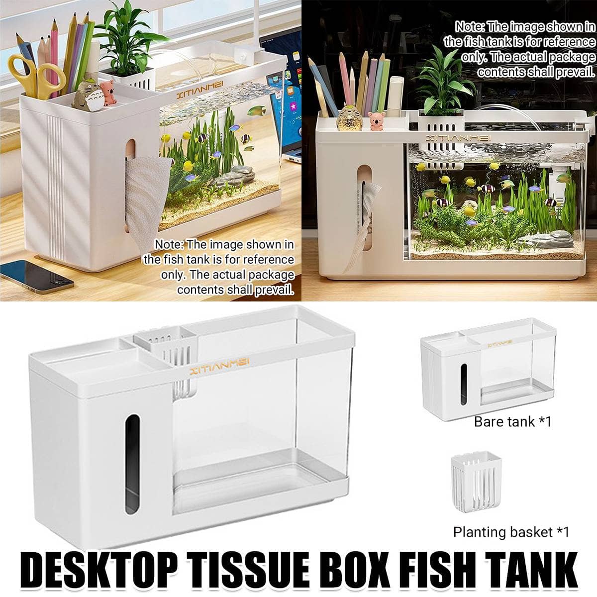 Desktop Aquarium Tissue Box Dispenser with Pen Holder and Storage