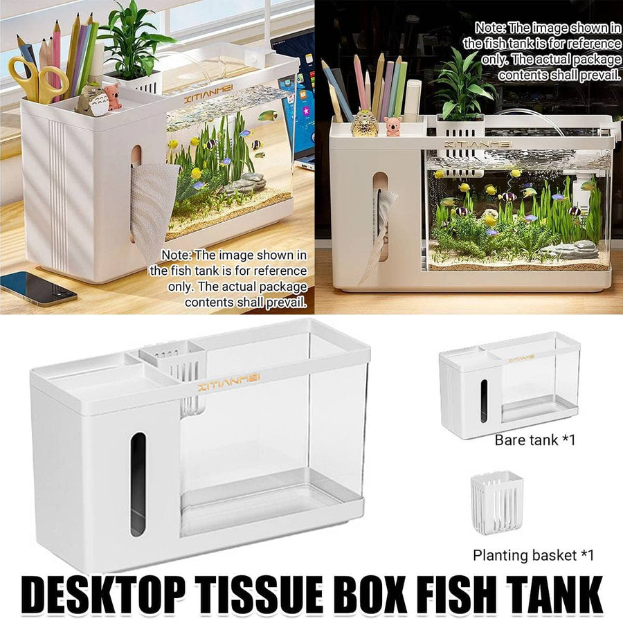 Desktop Aquarium Tissue Box Dispenser with Pen Holder and Storage