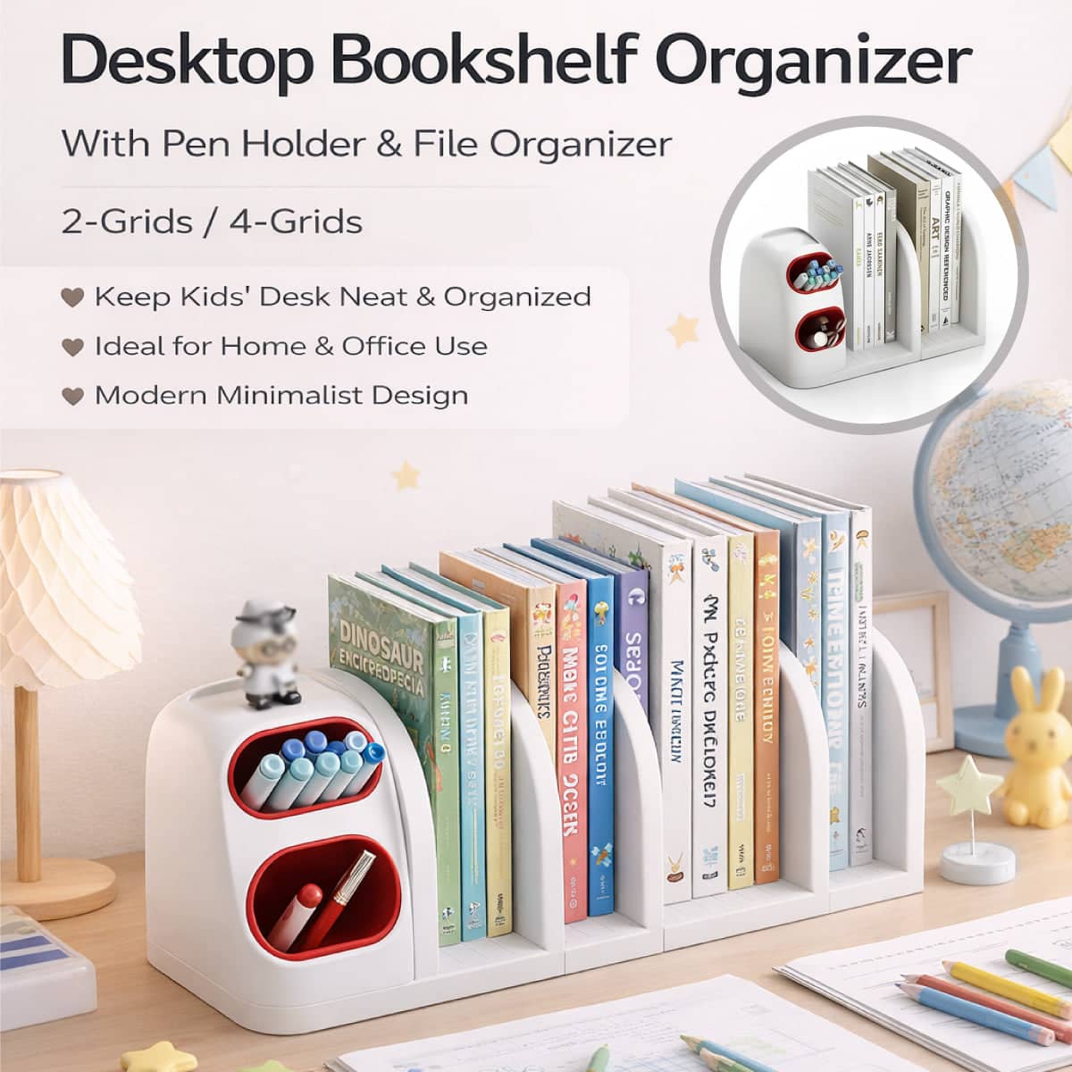 Desktop Book Rack Organiser with Pen Holder - 4 Grid (55.5 x 20 x 19.5 cm) - view 2