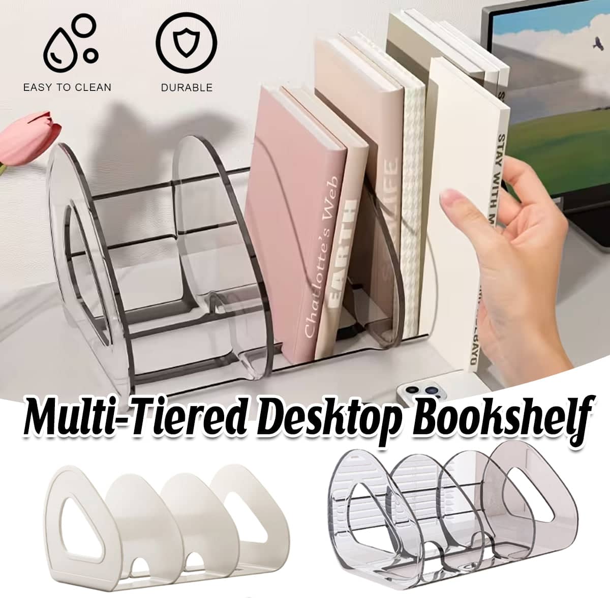 Desktop Book Stand and Storage Organiser with 3 Compartments - Clear - view 2