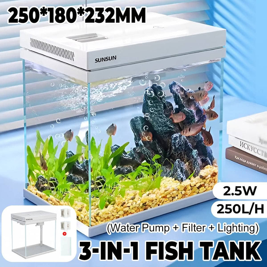 Desktop Glass Fish Tank 6.3 L 3-In-1 with Filter, Pump and LED Light