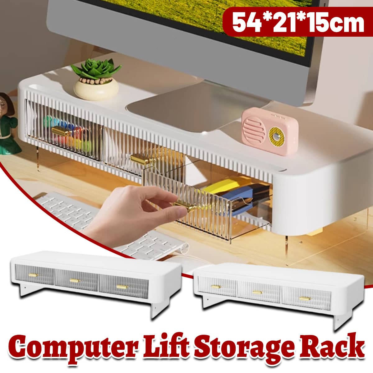 Desktop Monitor Stand Riser with 3 Pull-Out Drawers, 54 x 21 x 15 cm - White - view 2