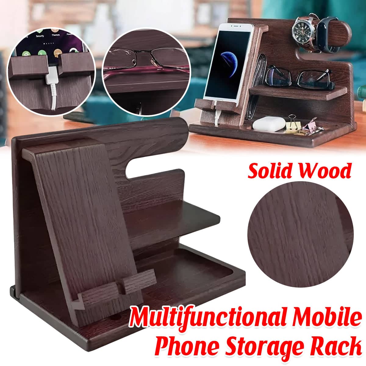 Desktop Phone Stand, Solid Wood Multi-Function Storage Rack in Dark Brown