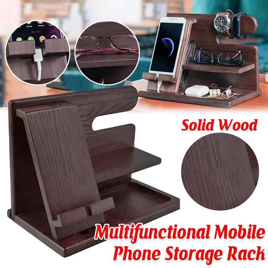 Desktop Phone Stand, Solid Wood Multi-Function Storage Rack in Dark Brown