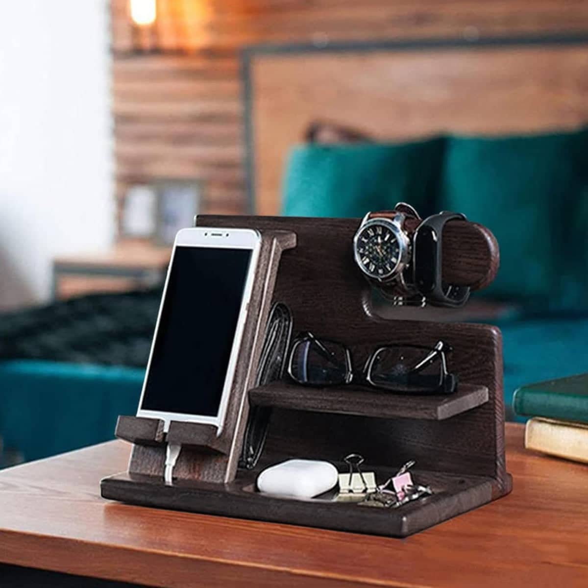 Desktop Phone Stand, Solid Wood Multi-Function Storage Rack in Dark Brown - view 4