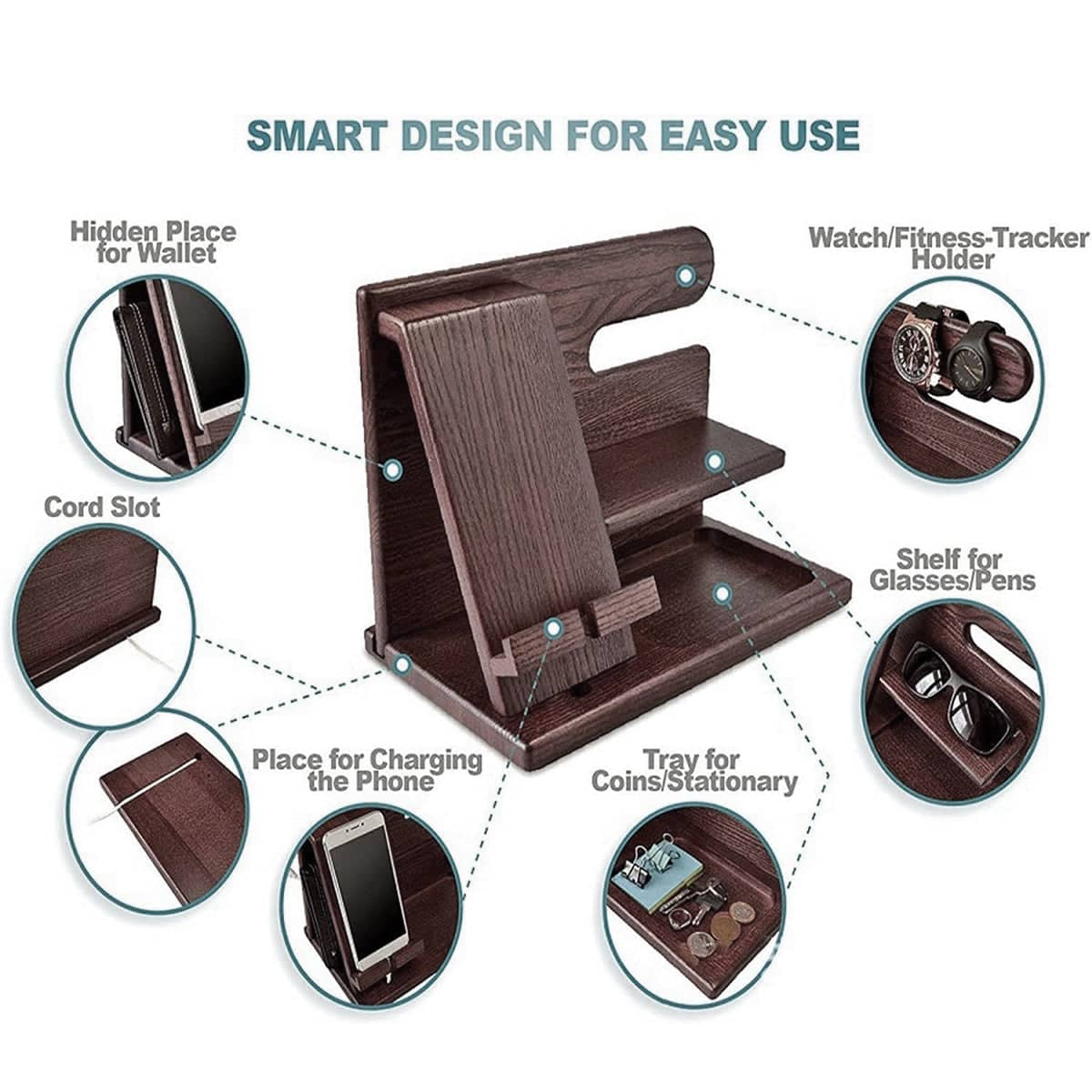 Desktop Phone Stand, Solid Wood Multi-Function Storage Rack in Dark Brown - view 5