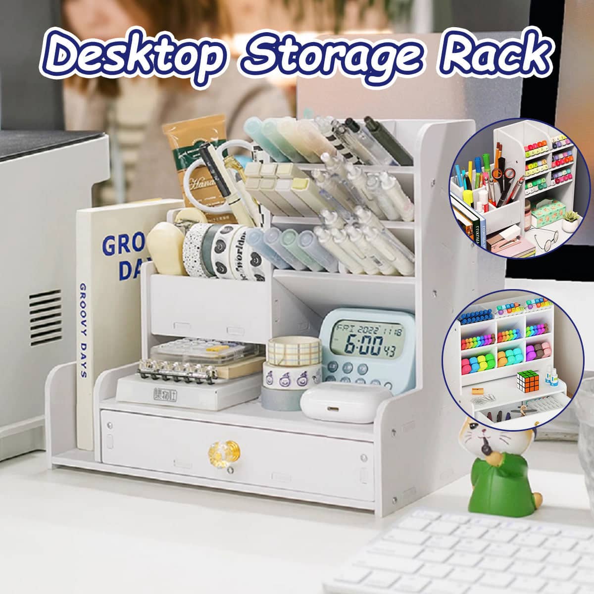 Desktop Stationery Organiser Rack with Side Bookend and Pull Out Drawer - White