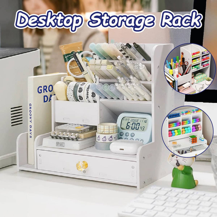 Desktop Stationery Organiser Rack with Side Bookend and Pull Out Drawer - White