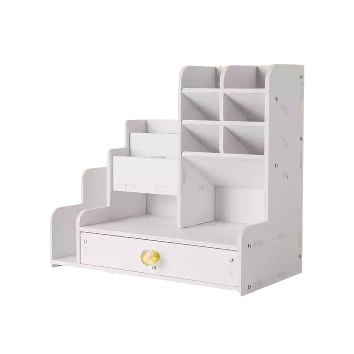 Desktop Stationery Organiser Rack with Side Bookend and Pull Out Drawer - White - view 2
