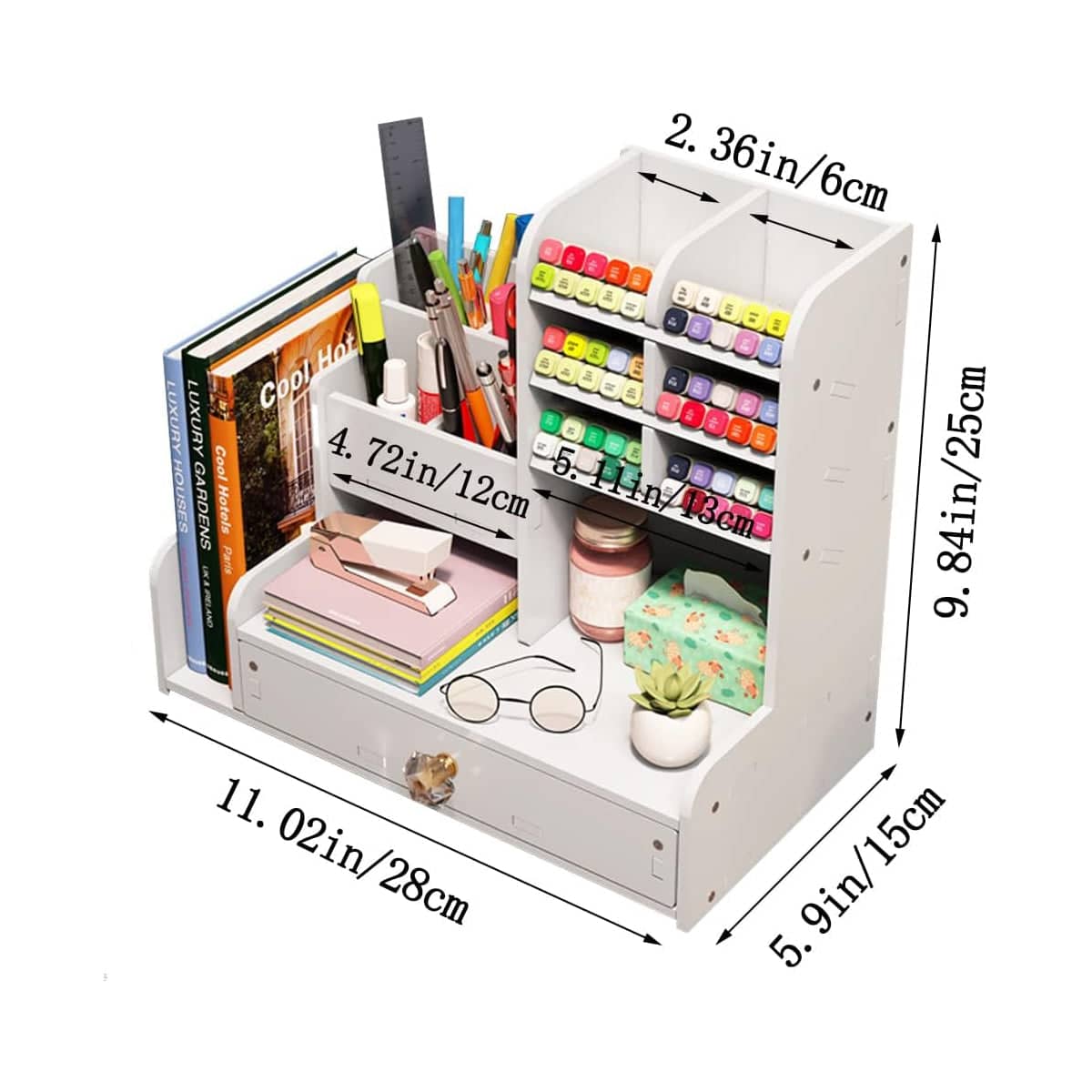 Desktop Stationery Organiser Rack with Side Bookend and Pull Out Drawer - White - view 3