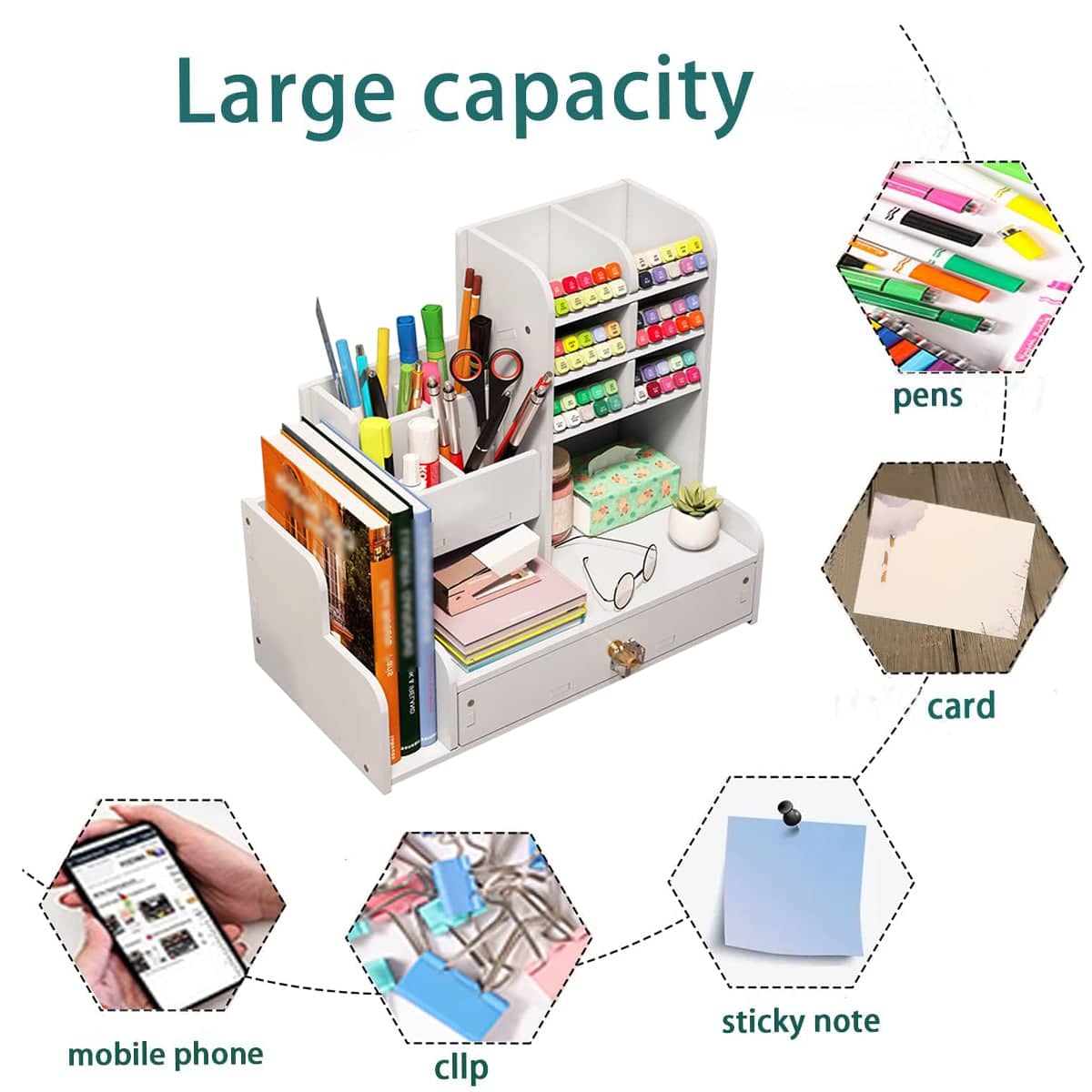 Desktop Stationery Organiser Rack with Side Bookend and Pull Out Drawer - White - view 5