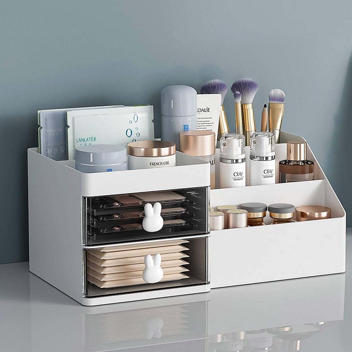 Desktop Storage Organiser with Drawers and Rabbit Handles - White - view 5