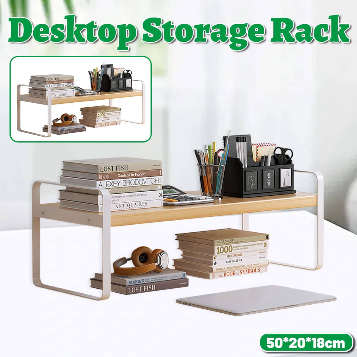 Desktop Storage Shelf with Two Tiers, Wood and White Metal, 50 x 20 x 18 cm