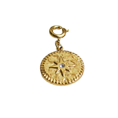 Detachable Titanium Steel Pendant - Gold Round Medallion with Star and Clear Stone