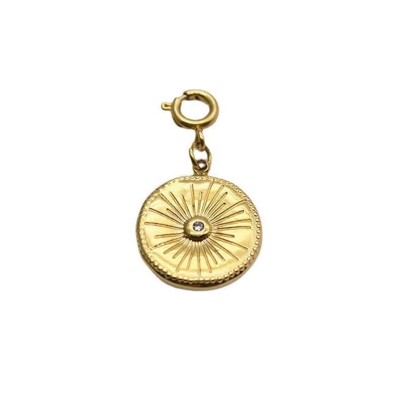 Detachable Titanium Steel Pendant - Gold Sunburst Medallion with Clear Stone