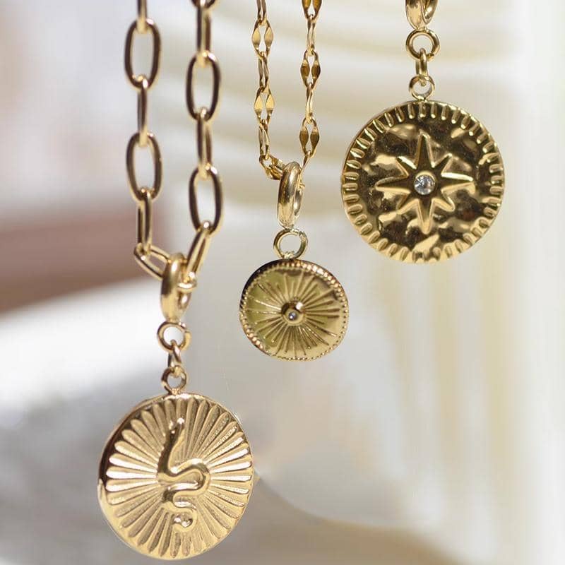 Detachable Titanium Steel Pendant - Gold Sunburst Medallion with Clear Stone - view 5