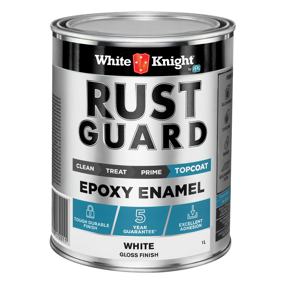White Knight Rust Guard 1L White Gloss Epoxy Enamel Paint, Solvent-Based, One-Step for Metal Surfaces