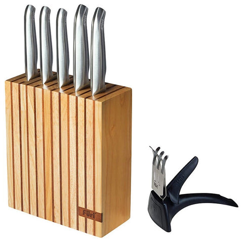 Furi Pro Wood Knife Block Set - Five Japanese Stainless Steel Knives, Diamond Sharpener - 41344