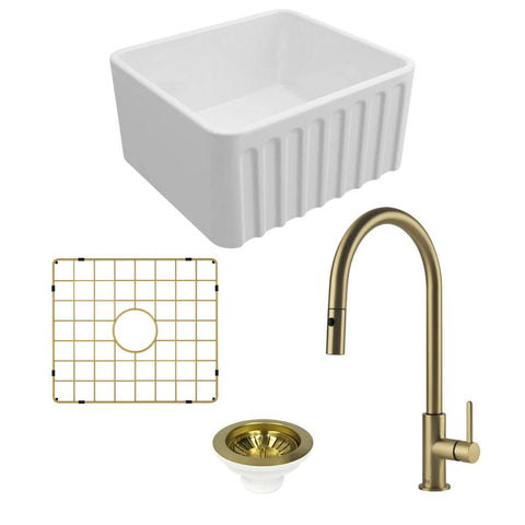 Turner Hastings Novi 50 Butler Sink Pack - Brushed Brass Naples Pull Out Mixer Tap - PKG033