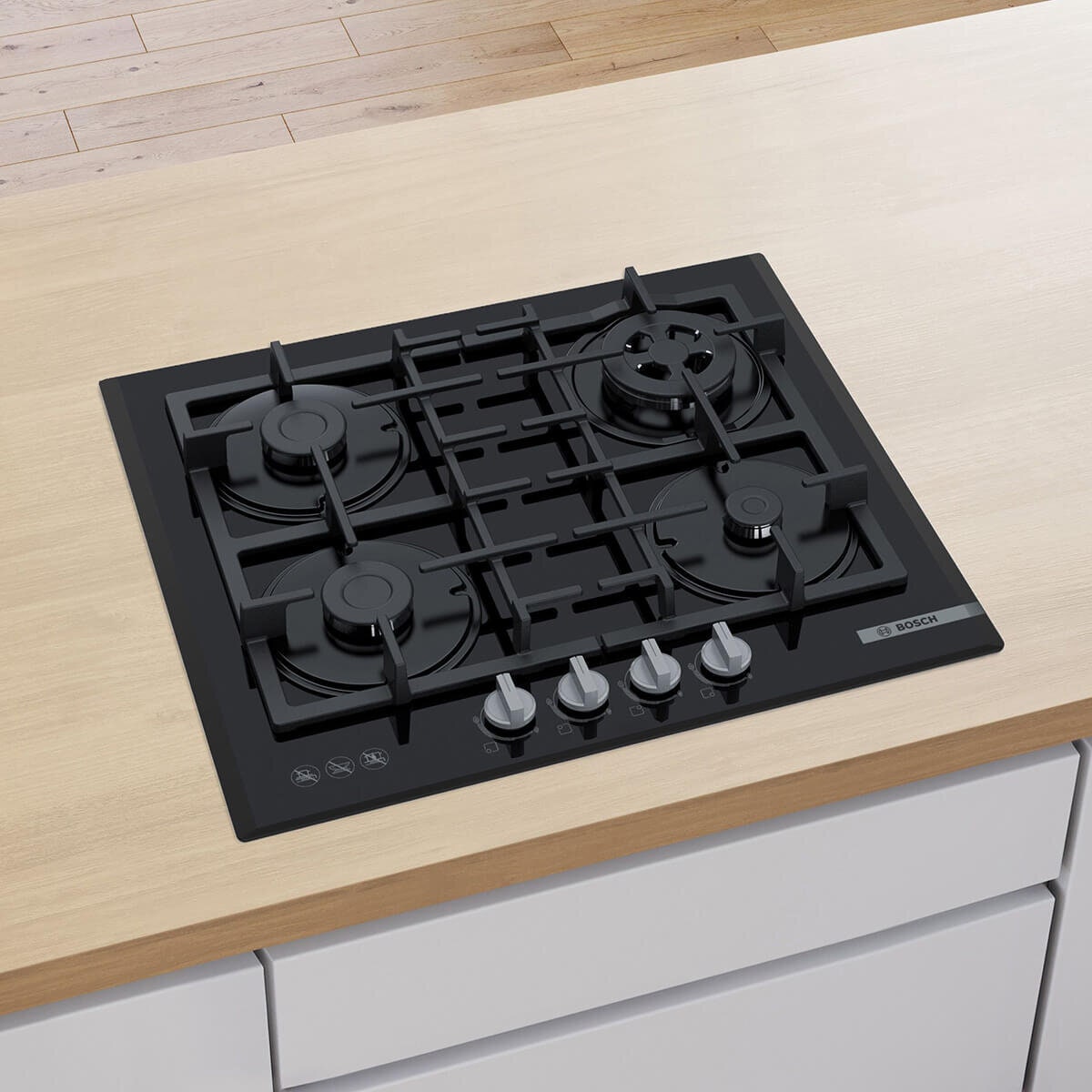 Bosch 60cm Series 4 Black Tempered Glass Gas Cooktop - Four Burners, Wok Burner, Sword Knobs - PNH6B6B91A
