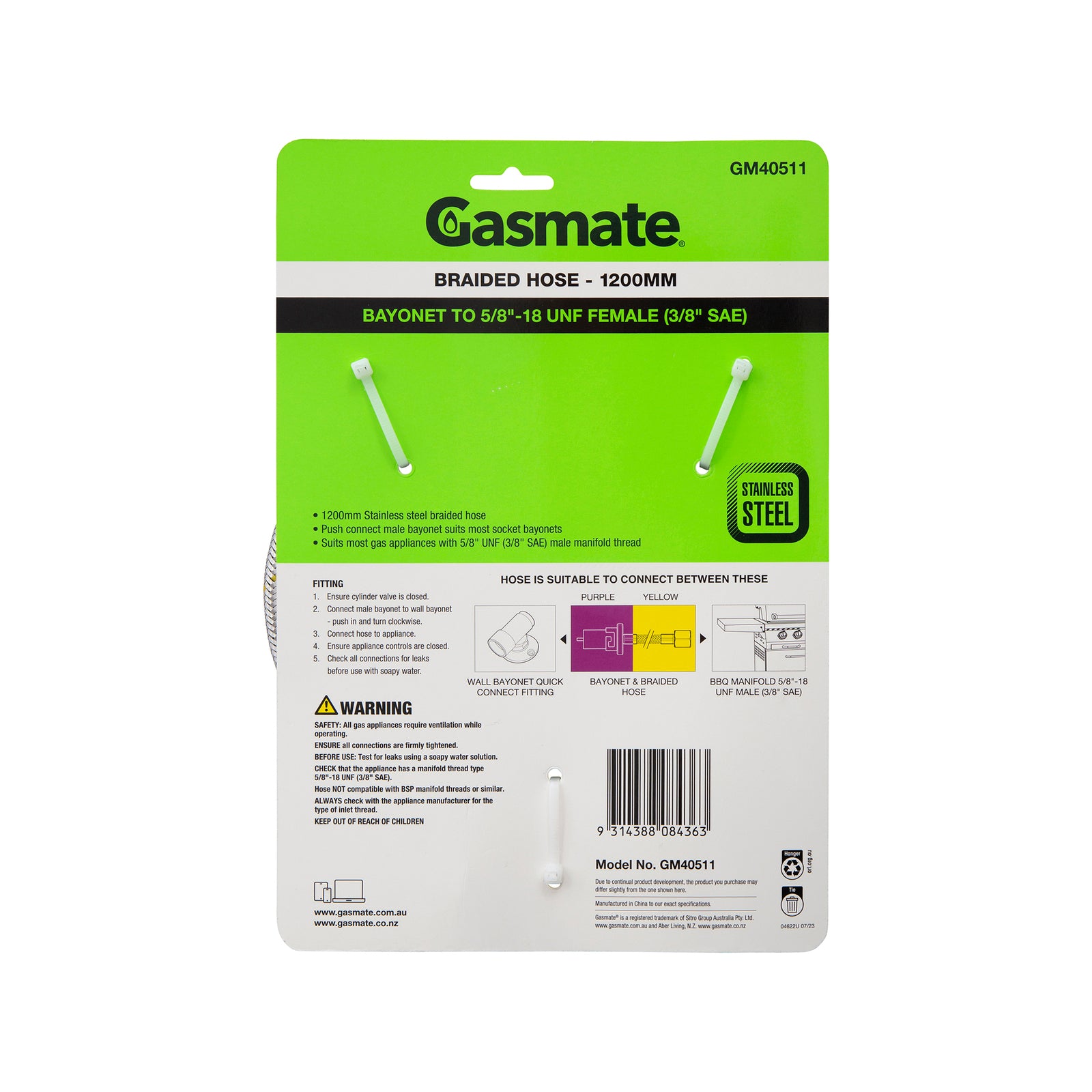 Gasmate 1200mm Bayonet to 5/8" UNF (3/8" SAE) Braided Gas Hose