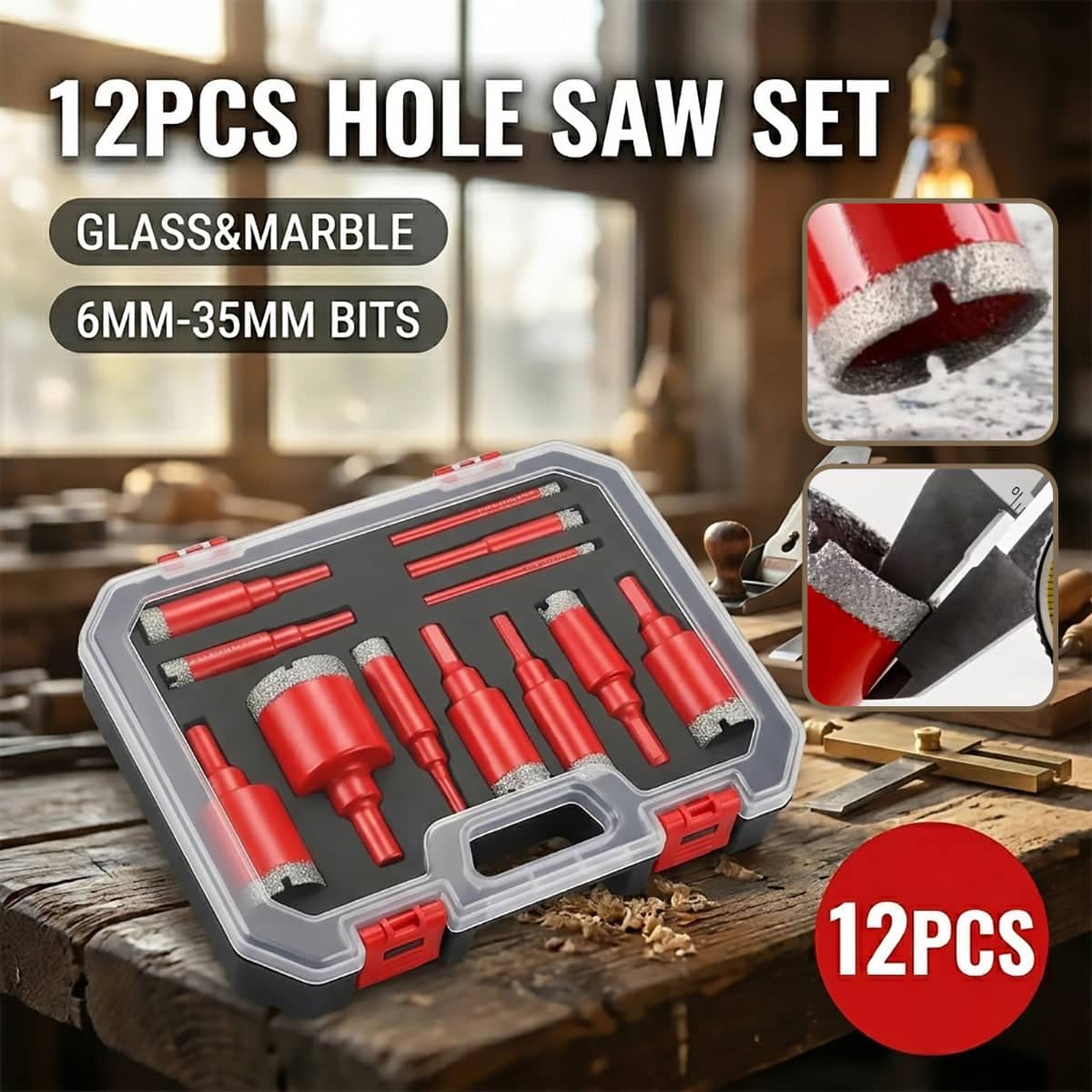 Diamond Hole Saw Set of 12, 6mm to 35mm for Glass, Marble and Ceramic Tile