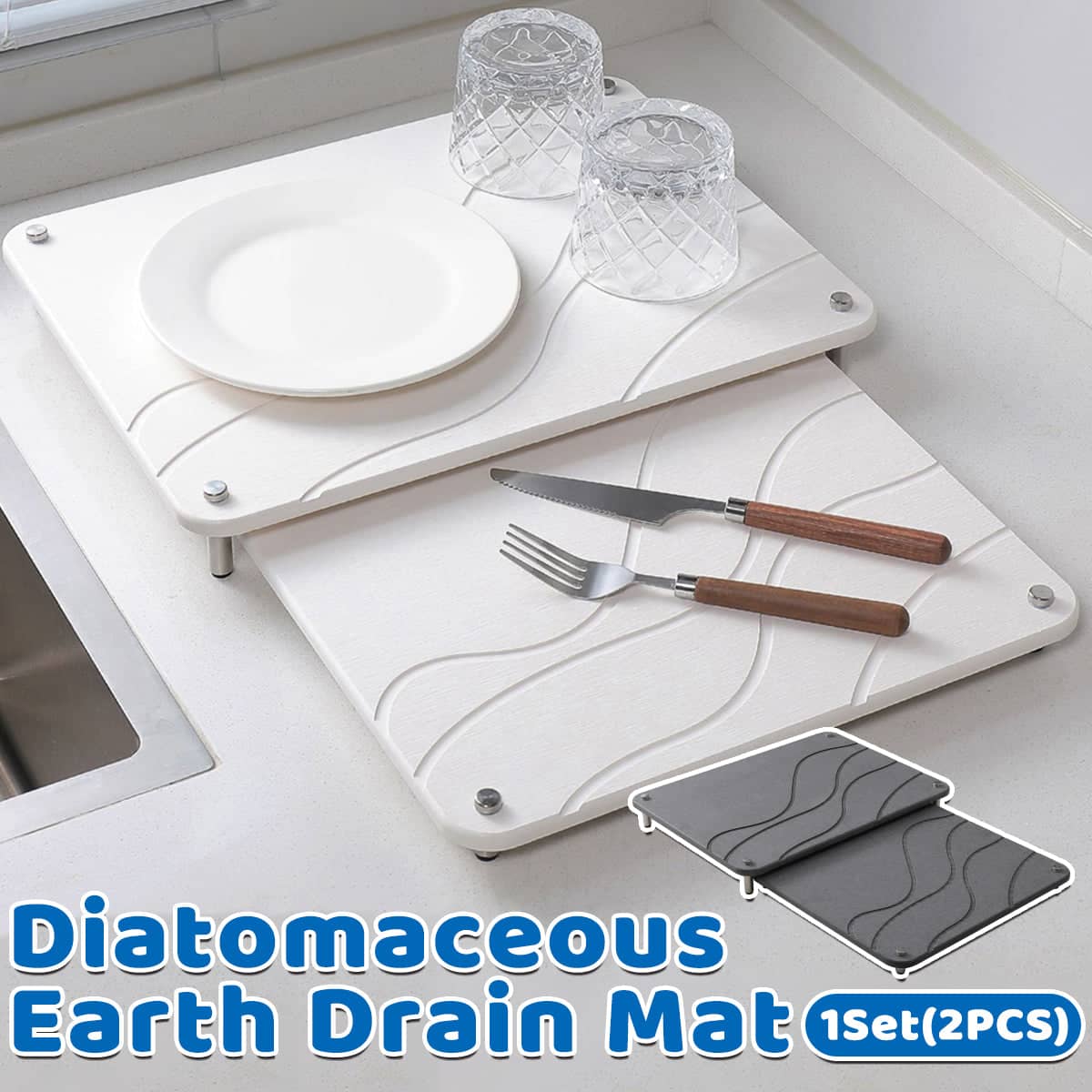 Diatomaceous Earth Dish Drying Mat Kitchen Countertop, Pack of 2, Grey - view 2