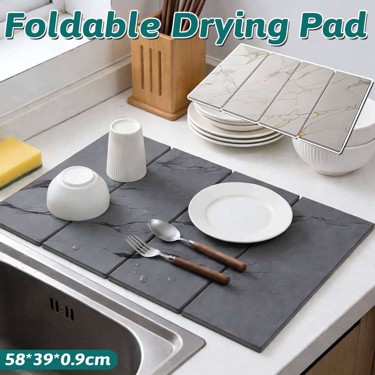 Diatomite Dish Drying Mat, Foldable Absorbent Sink Pad - White Marble - view 2