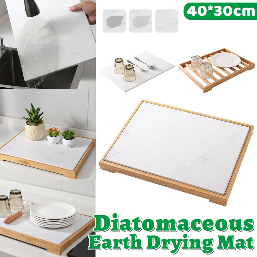 Diatomite Instant Absorbent Dish Drying Mat with Bamboo Frame
