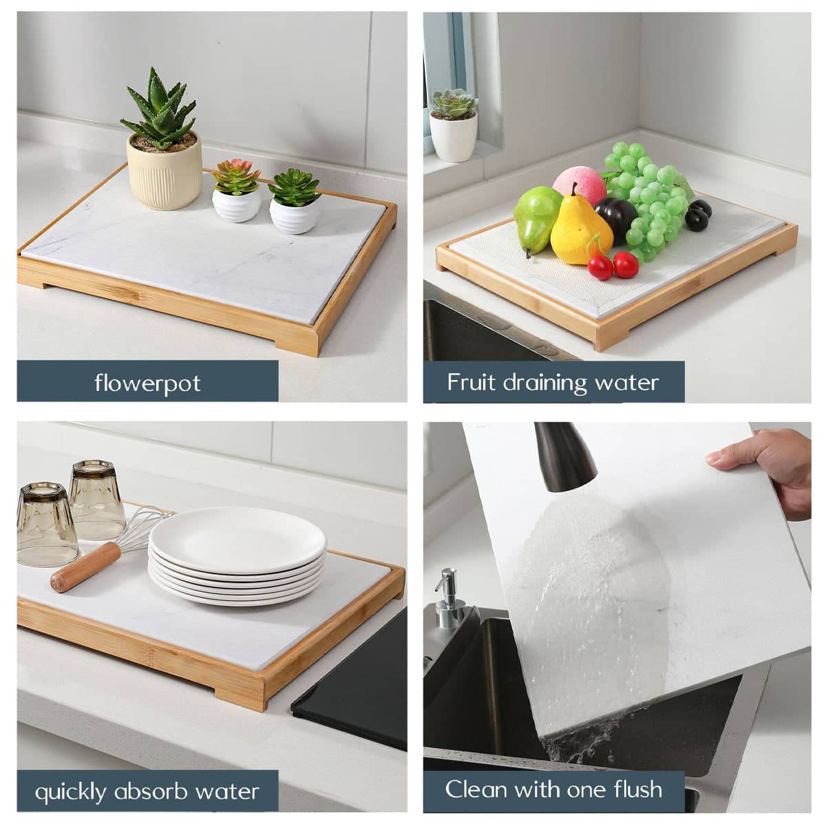Diatomite Instant Absorbent Dish Drying Mat with Bamboo Frame - view 5