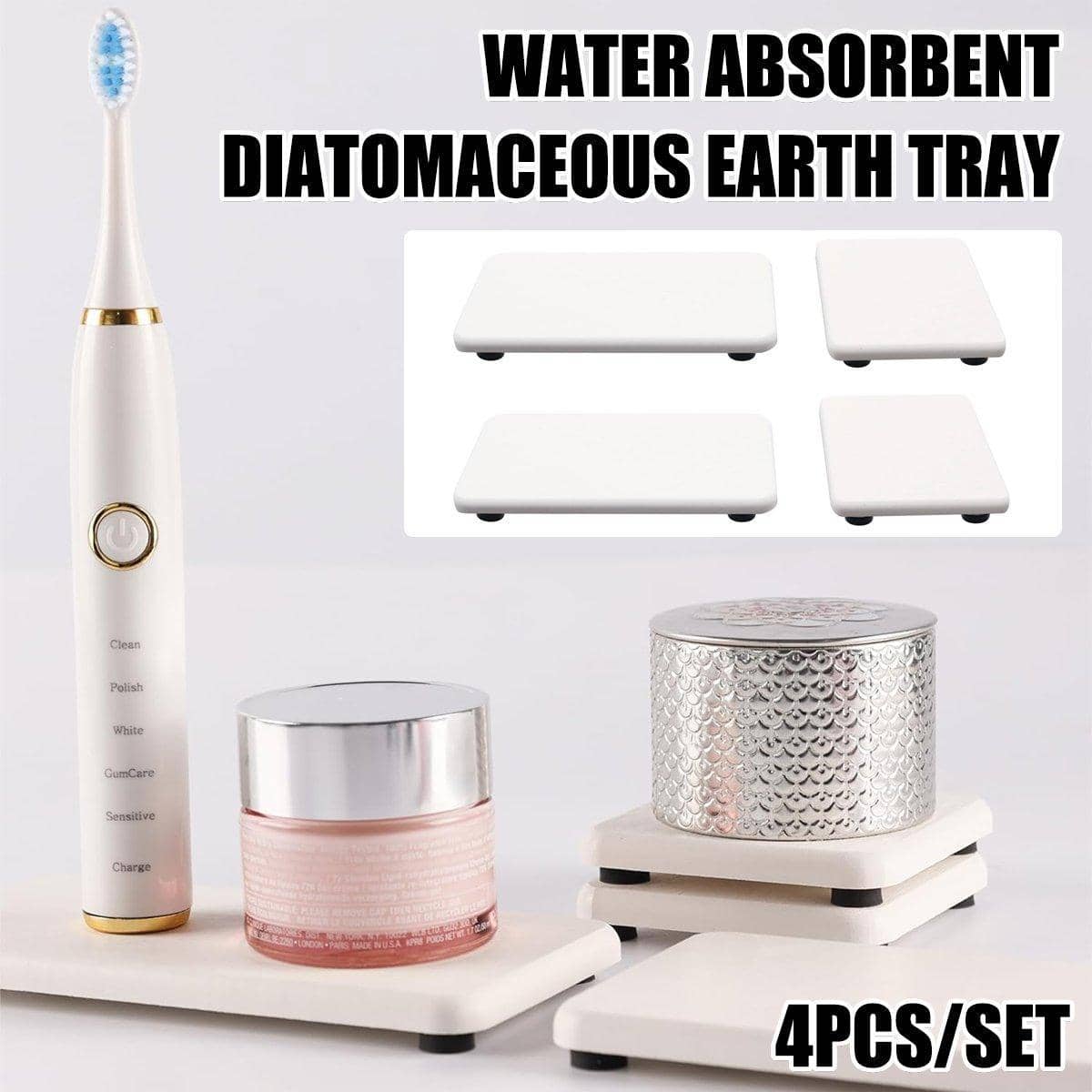 Diatomite Tray and Soap Dish Set - 4-Piece, White