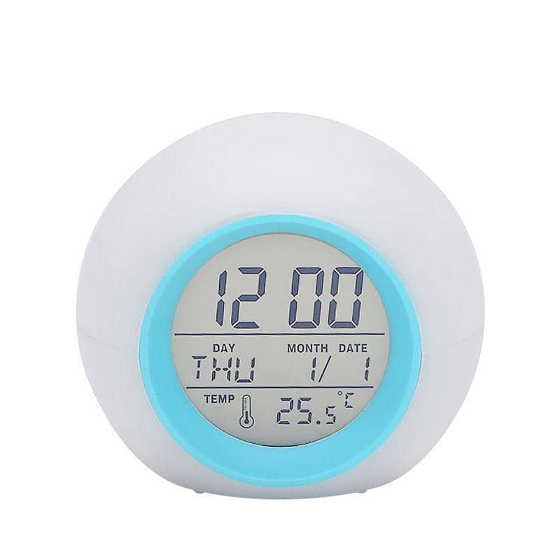 Digital Wake up Alarm Clock with 7 Light Colours and Temperature - Blue and White, Round