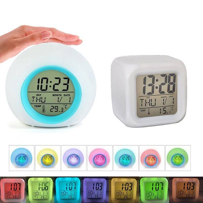 Digital Wake up Alarm Clock with 7 Light Colours and Temperature - Blue and White, Round - view 4