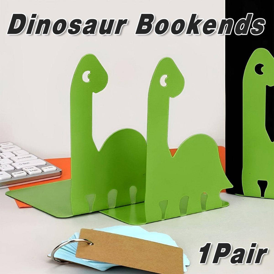Dinosaur Bookends for Kids, 1 Pair - Green Metal Book Stand