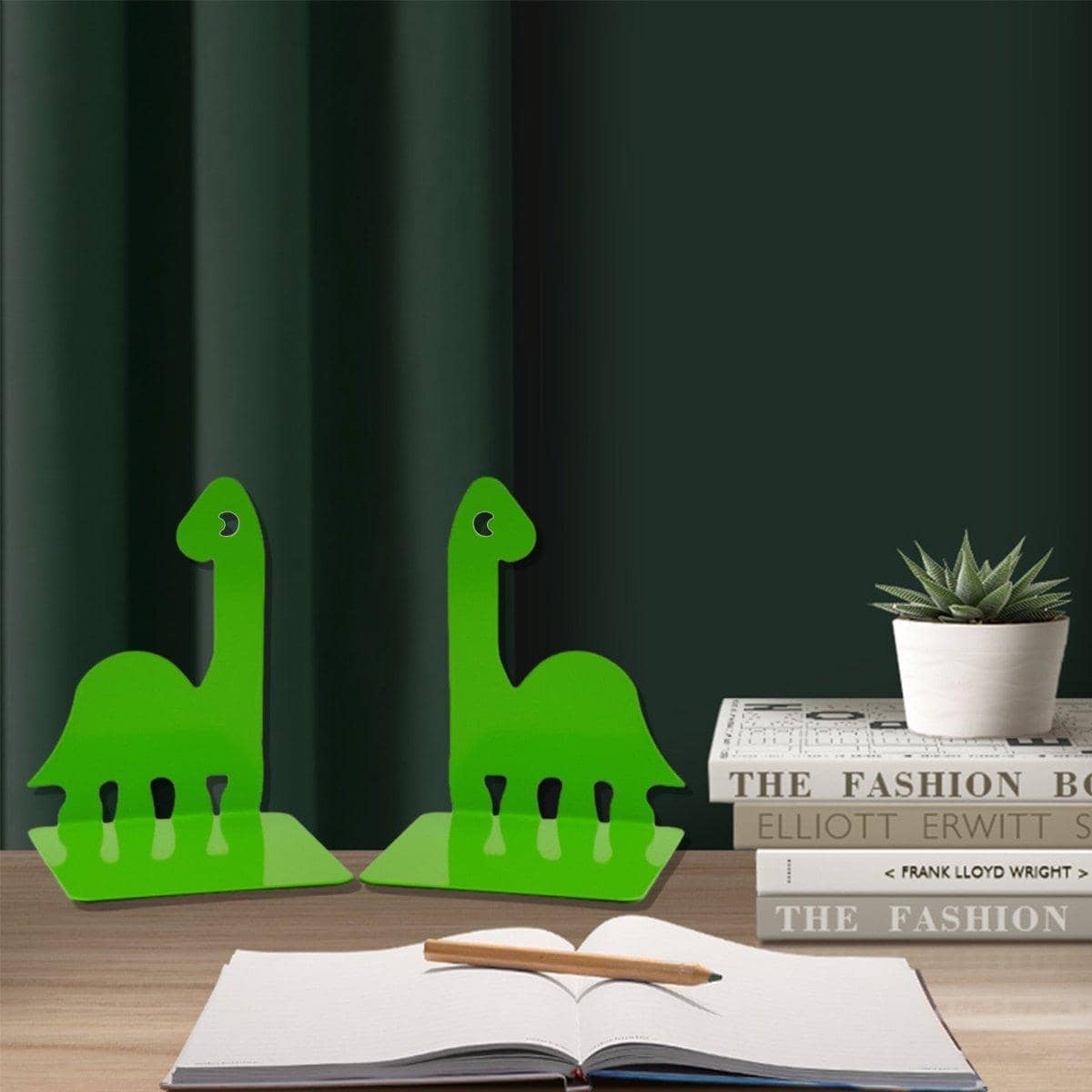 Dinosaur Bookends for Kids, 1 Pair - Green Metal Book Stand - view 4